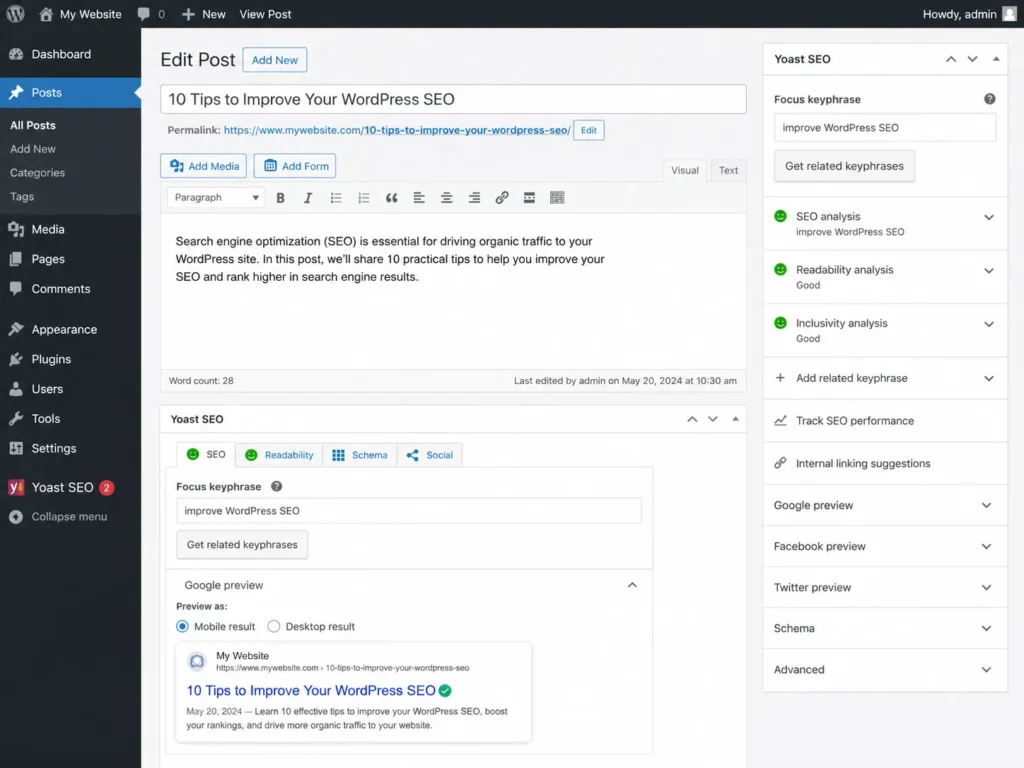 WordPress dashboard showing Yoast SEO plugin settings and SEO optimization panel