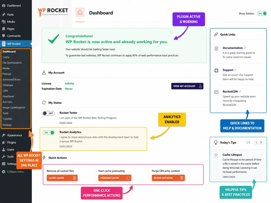 WP Rocket plugin dashboard in WordPress with cache and performance settings