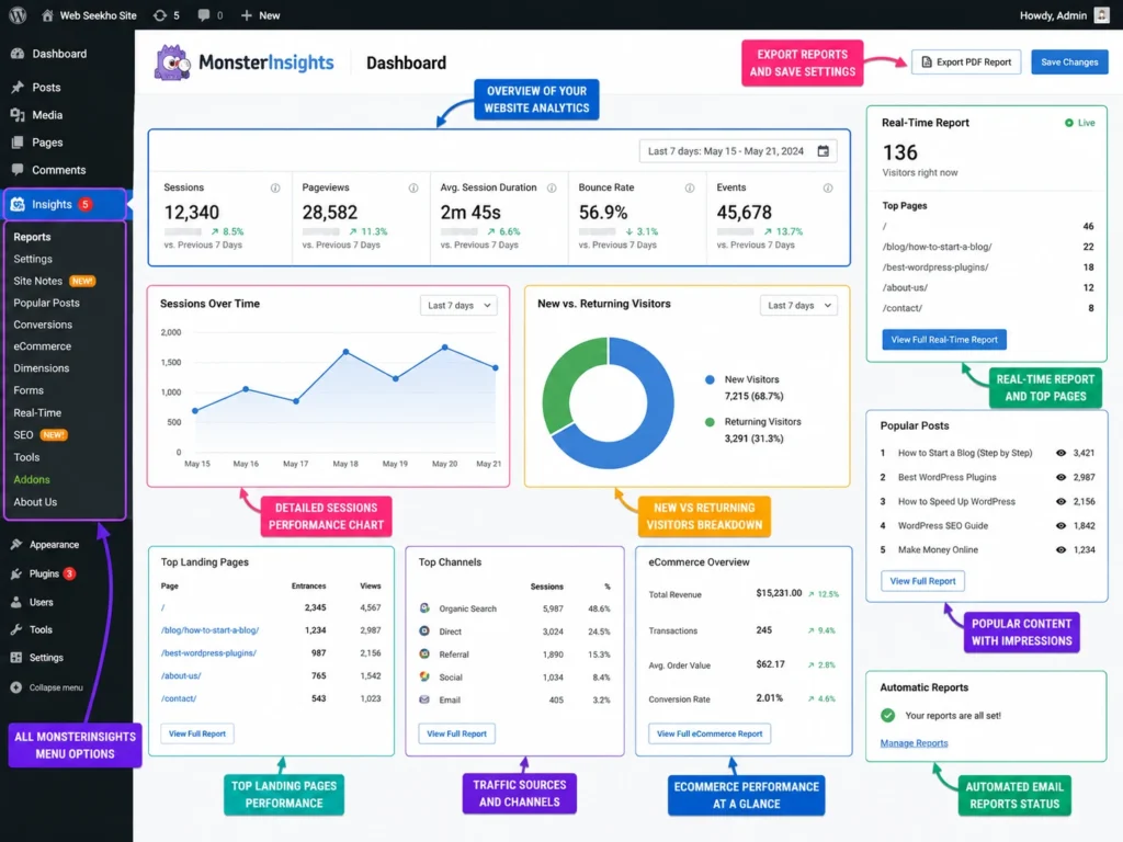 MonsterInsights analytics dashboard showing website traffic and reports