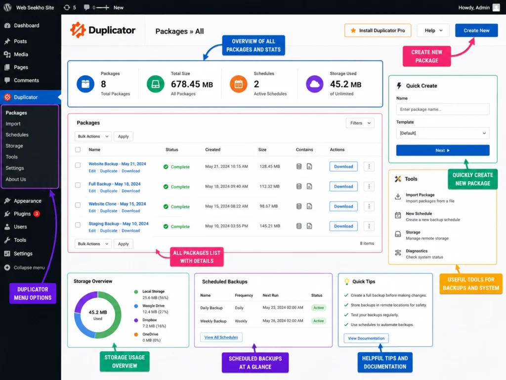 Duplicator WordPress migration plugin dashboard with backup packages