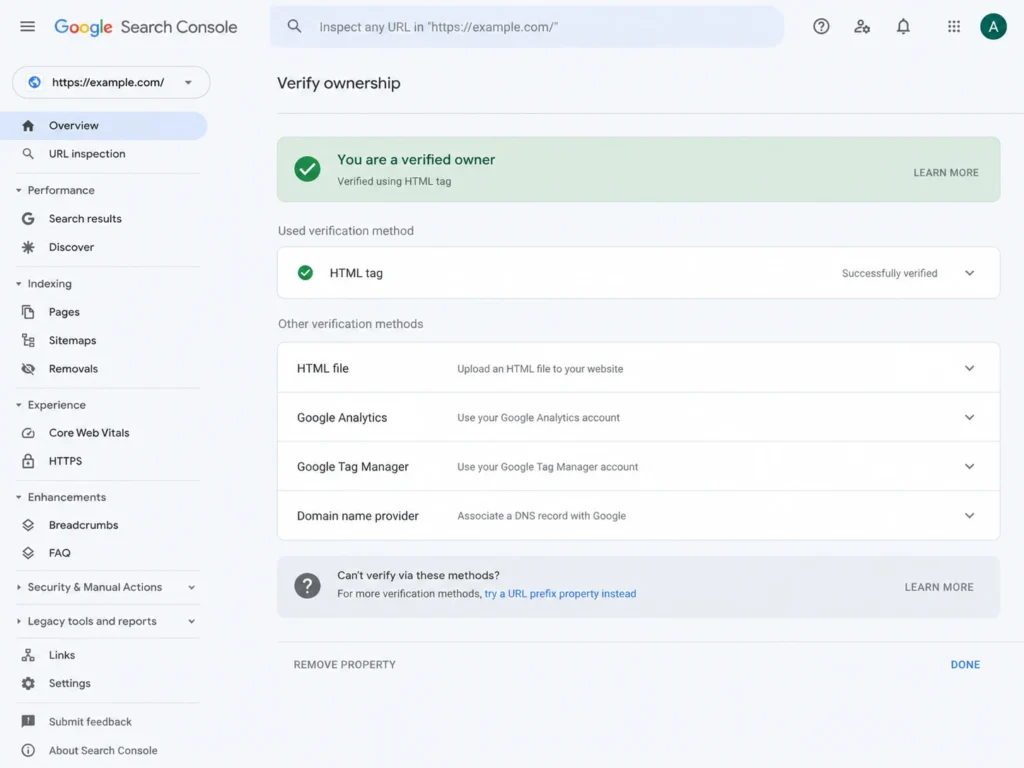 Google Search Console property ownership verification screen for website setup