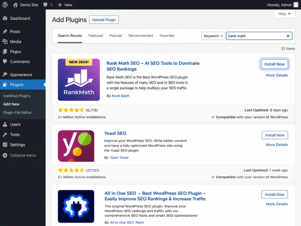 WordPress plugin directory showing Rank Math SEO plugin with Install Now button