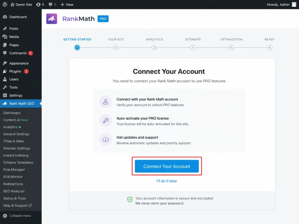Rank Math account connection screen with Connect Your Account button highlighted