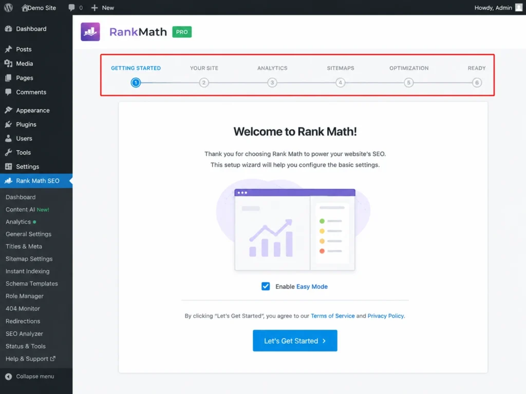 Rank Math setup wizard showing step-by-step SEO configuration progress bar