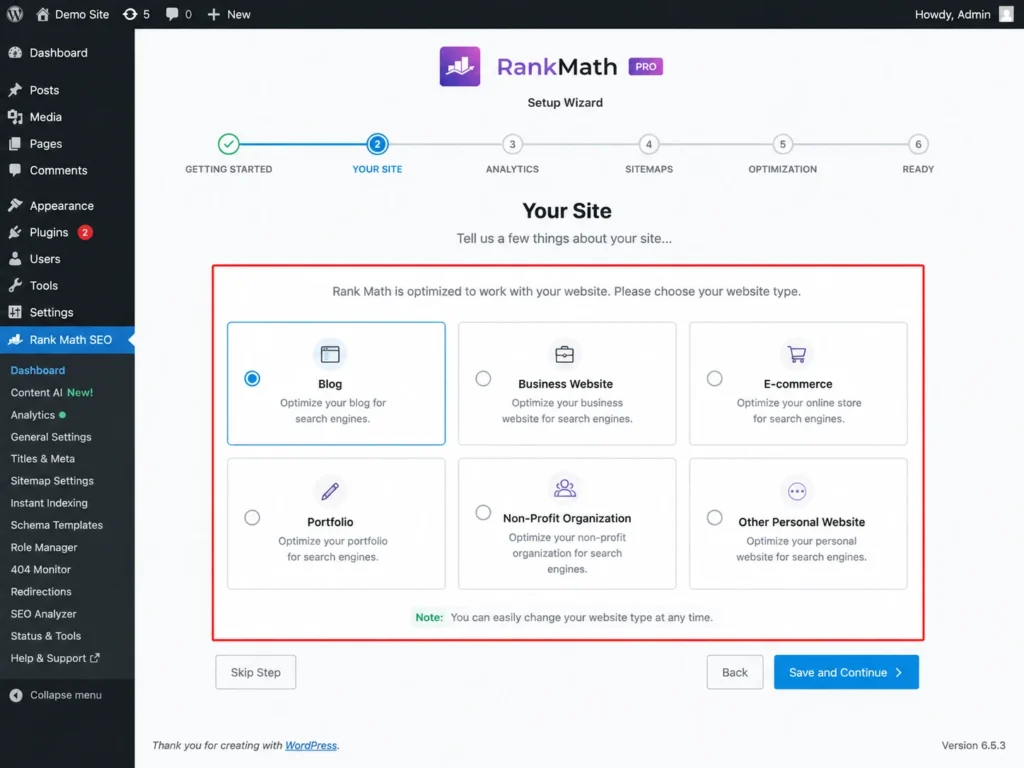 Rank Math Your Site setup screen with website type selection options