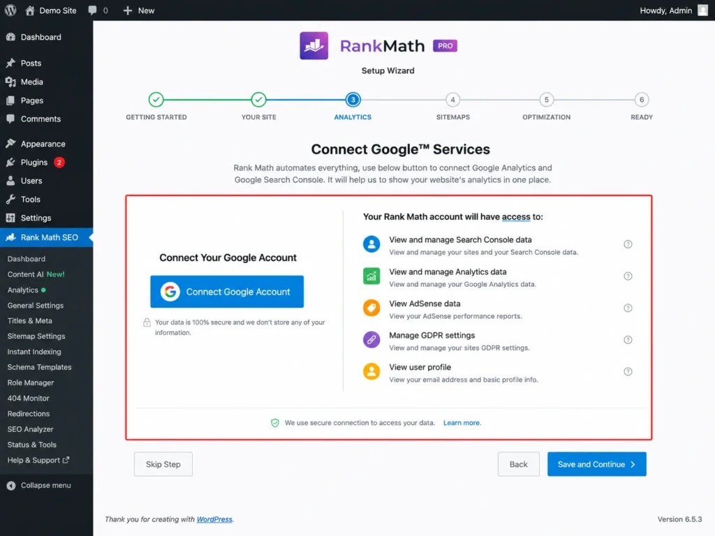 Rank Math analytics setup screen for connecting Google account and permissions