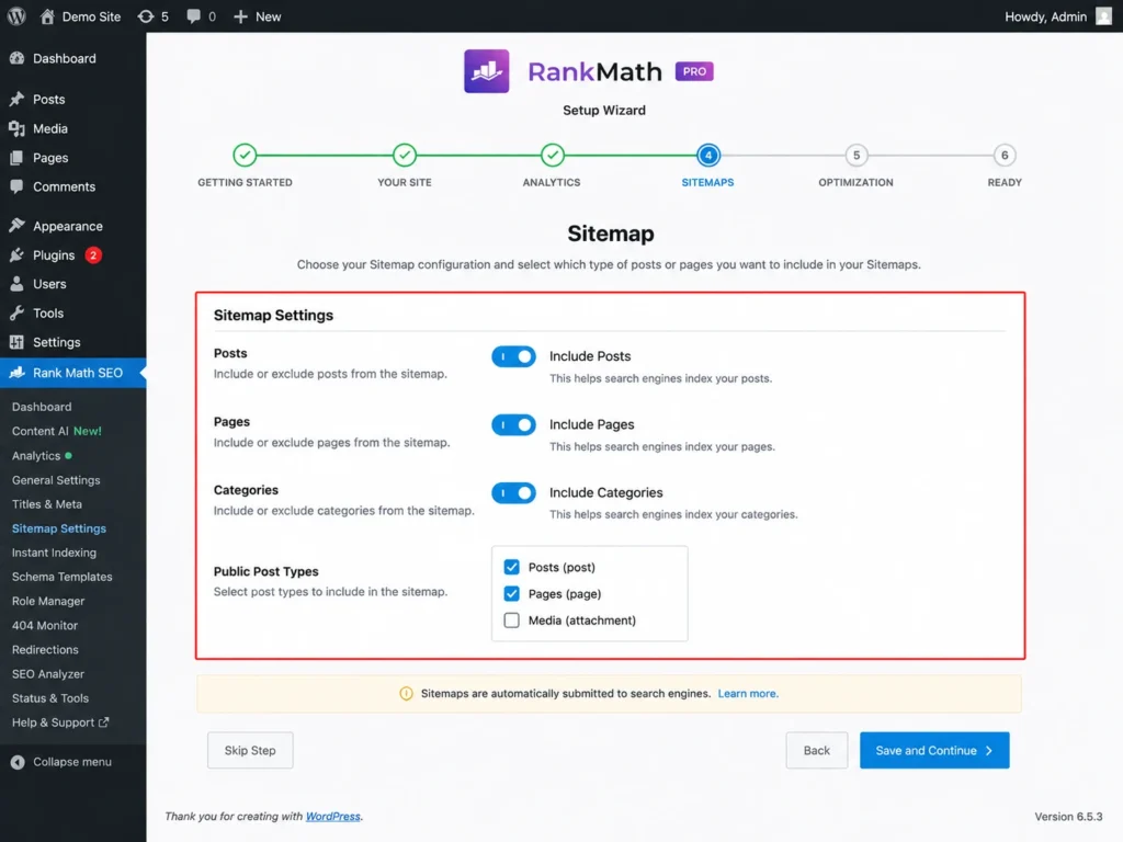 Rank Math sitemap settings with posts, pages, and categories sitemap options