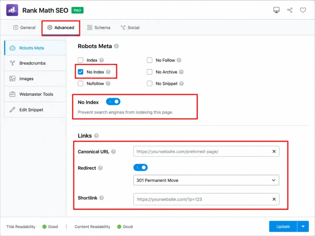 Rank Math SEO noindex settings and link configuration in WordPress dashboard
