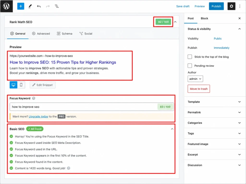 Rank Math SEO score focus keyword and snippet preview in WordPress editor
