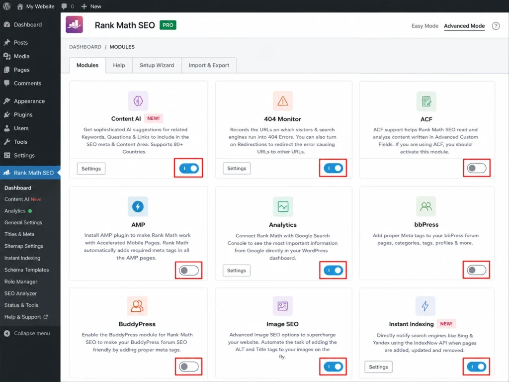Rank Math dashboard modules with enabled and disabled toggle settings