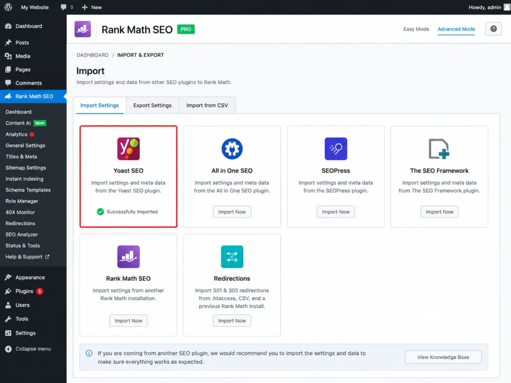 Rank Math import settings showing Yoast SEO migration with successful import status