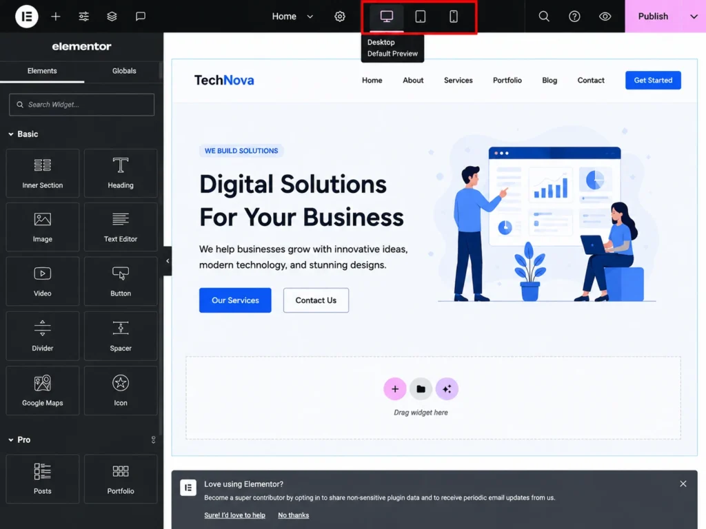Elementor responsive mode switcher with desktop tablet and mobile view icons