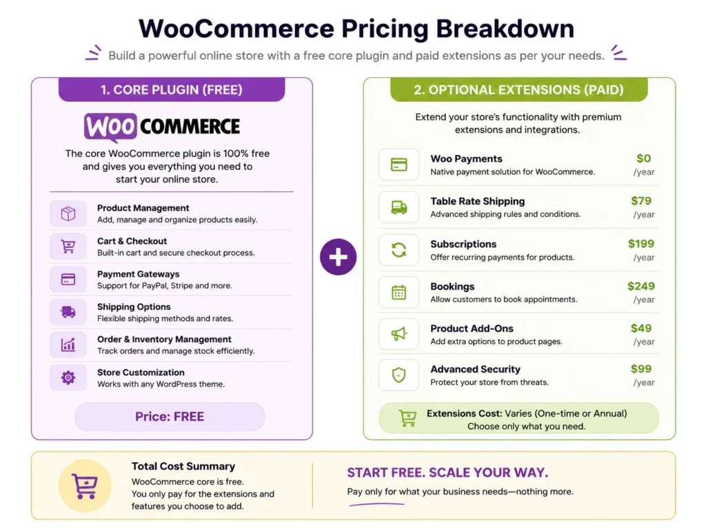 WooCommerce pricing breakdown infographic showing free core plugin and optional paid extensions.
