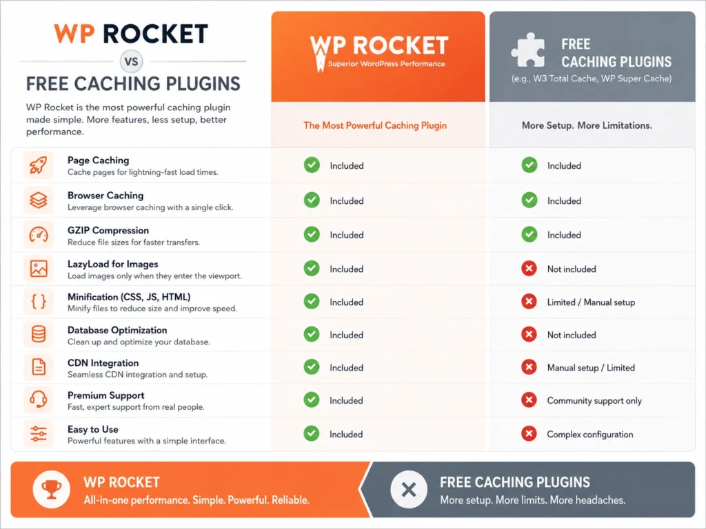 WP Rocket vs free caching plugins feature comparison table