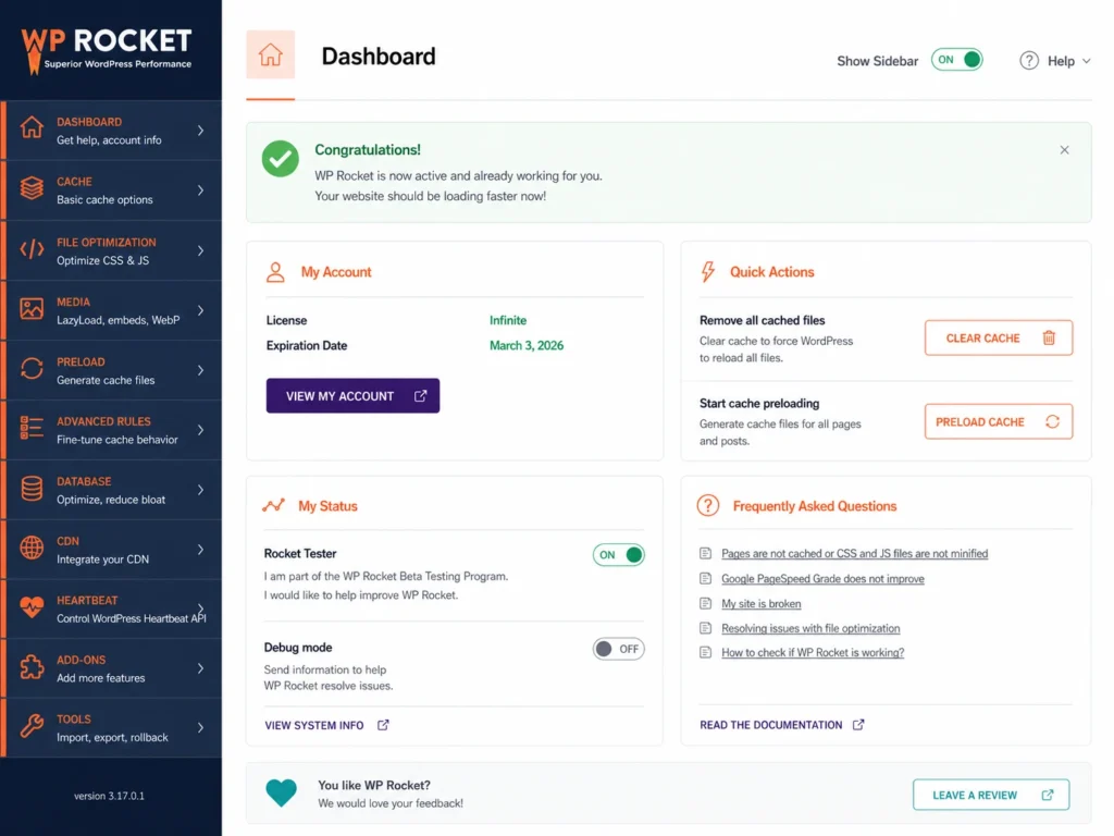 WP Rocket settings dashboard with all optimization tabs