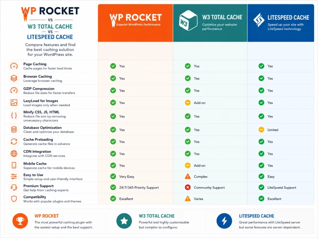 WP Rocket vs W3 Total Cache vs LiteSpeed Cache comparison