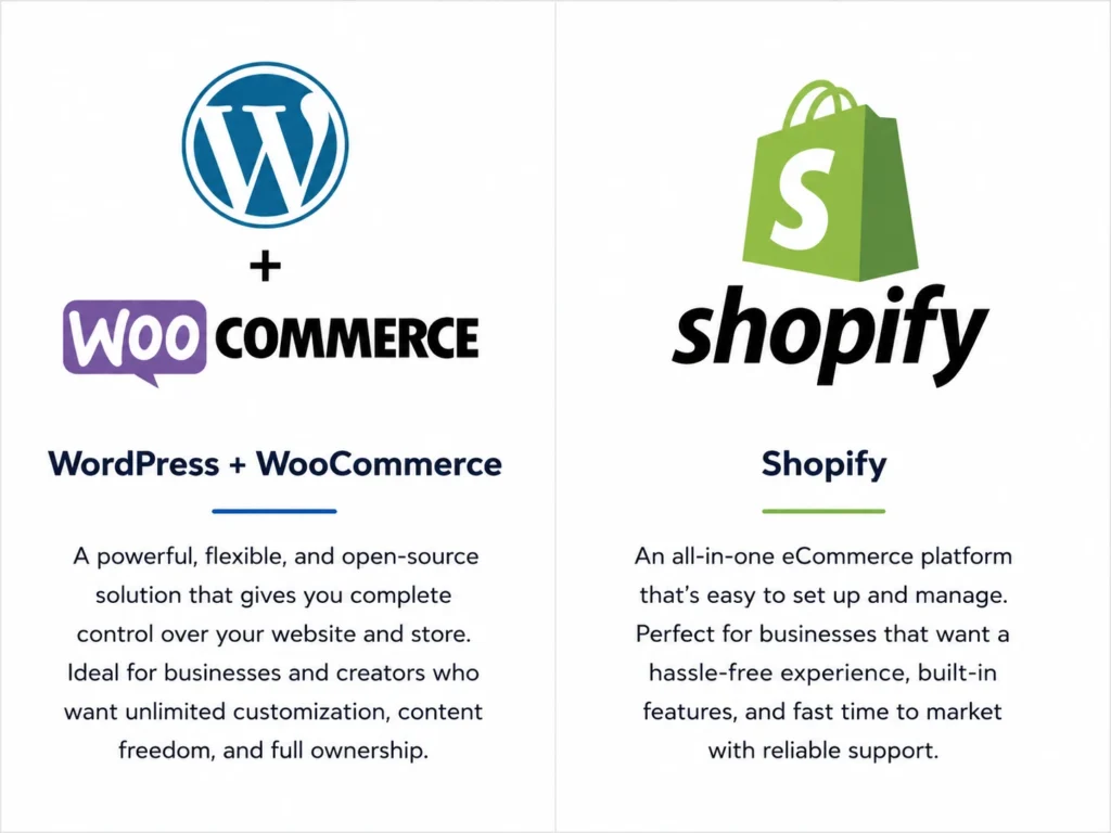 WordPress + WooCommerce vs Shopify comparison with logos and brief platform descriptions