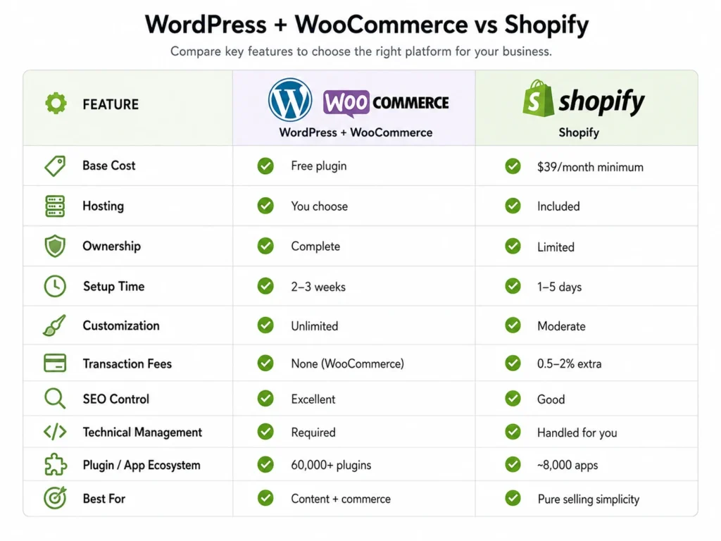 WordPress WooCommerce and Shopify feature comparison table with checkmarks and platform icons