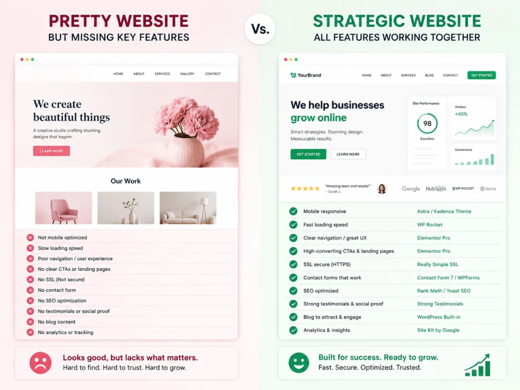 Pretty website vs strategic website comparison infographic
