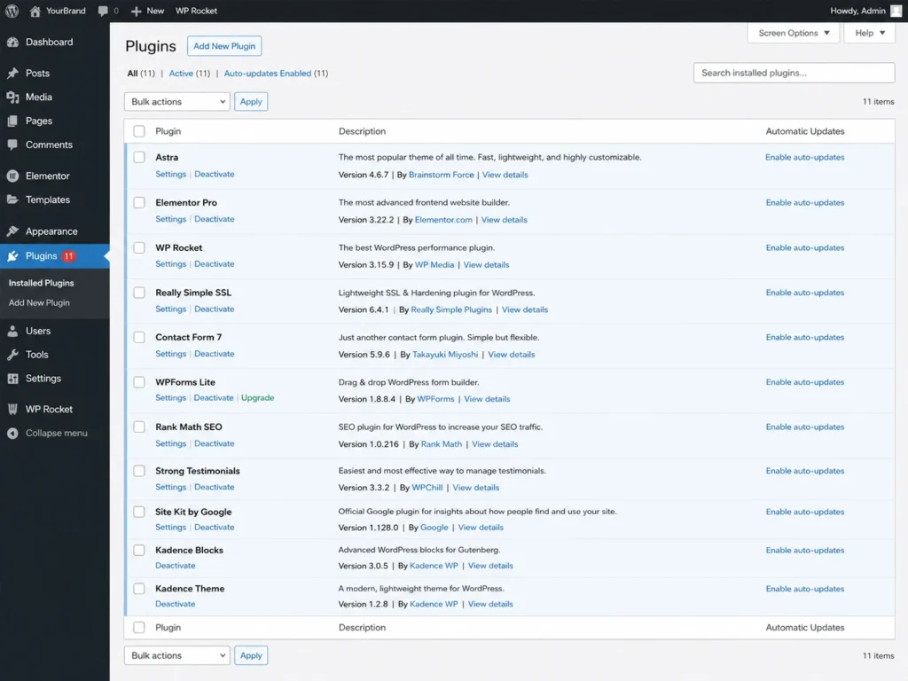 WordPress dashboard with essential plugins installed