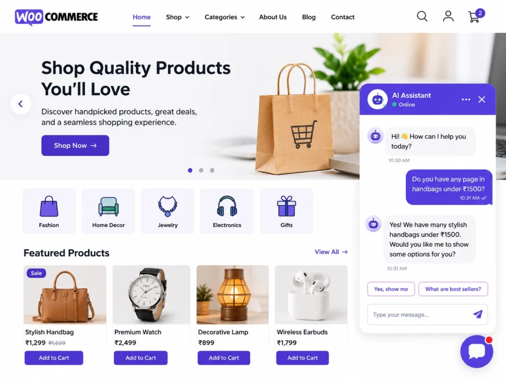 WooCommerce store homepage with AI shopping assistant chatbot