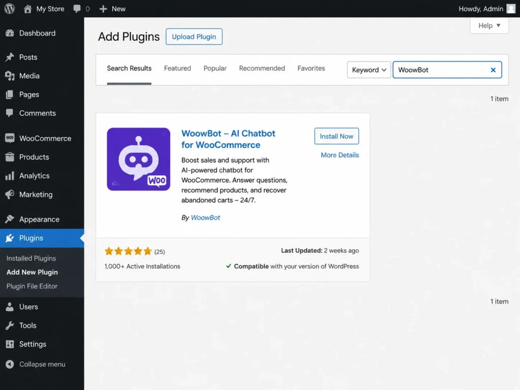 Installing WooBot AI chatbot plugin in WooCommerce