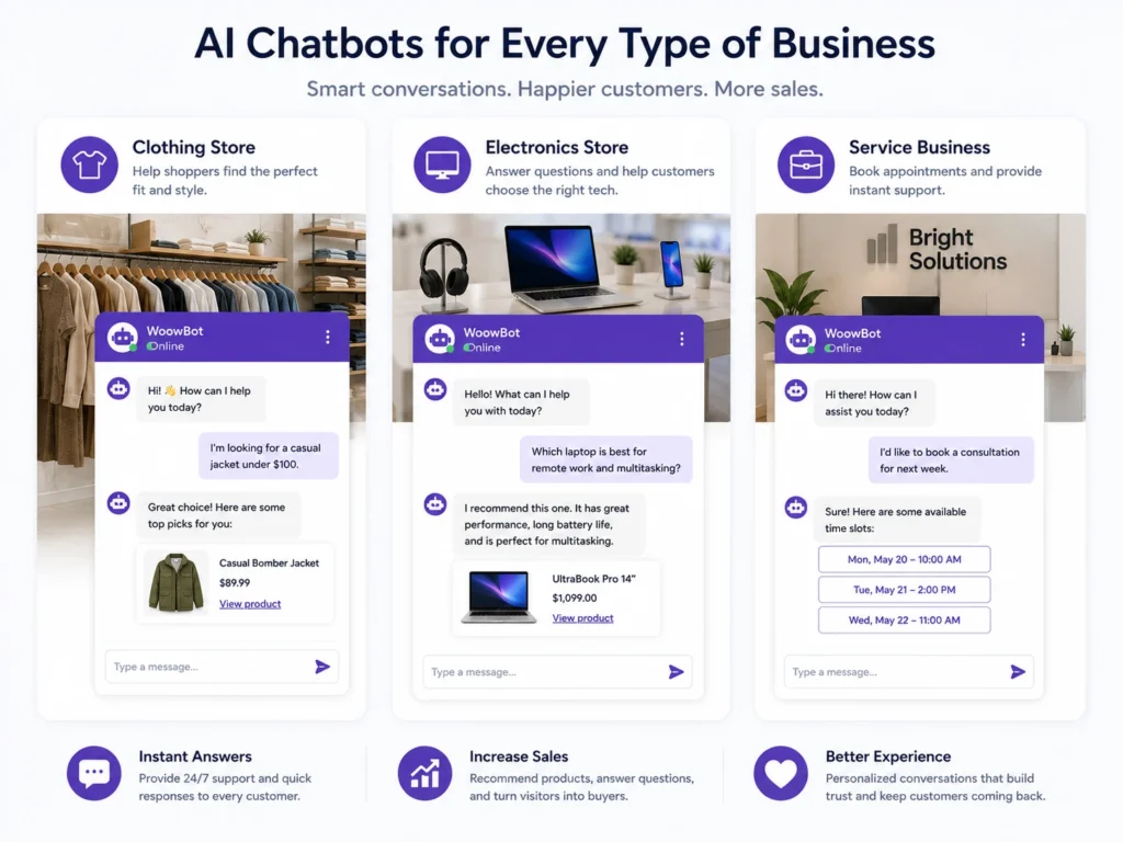 AI chatbot examples for clothing, electronics, and service businesses
