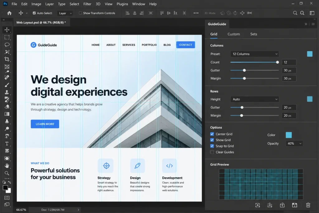 Photoshop workspace with GuideGuide plugin panel displaying grid settings and layout preview.