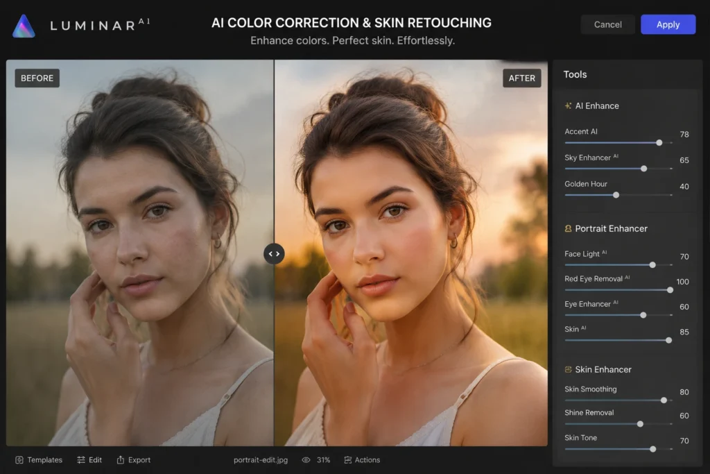 Before and after portrait edited with Luminar AI for color correction and skin retouching.