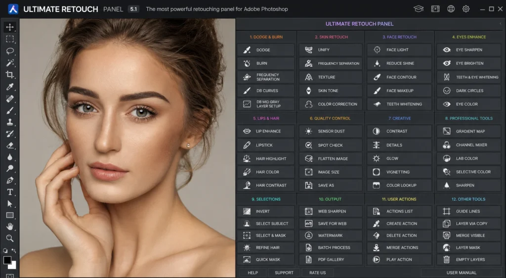 Ultimate Retouch Panel displaying multiple portrait retouching tools inside Photoshop.