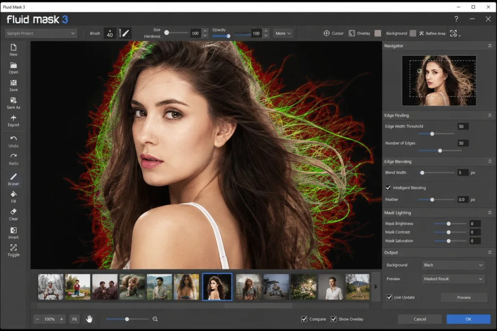 Fluid Mask 3 interface showing a detailed hair masking result with clean and accurate edge detection.