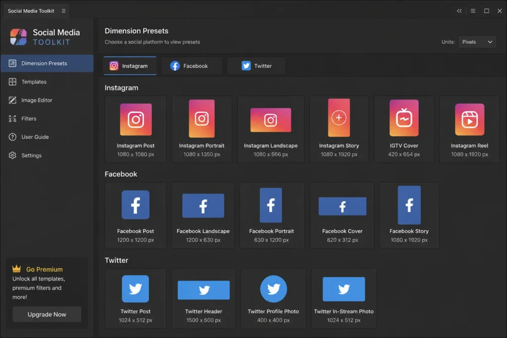 Social Media Toolkit panel displaying size presets for Instagram, Facebook, and Twitter posts.
