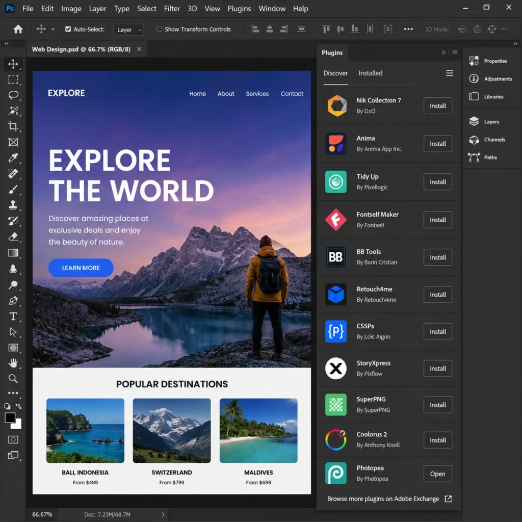 Photoshop interface with open plugins panel and extension icons visible.
