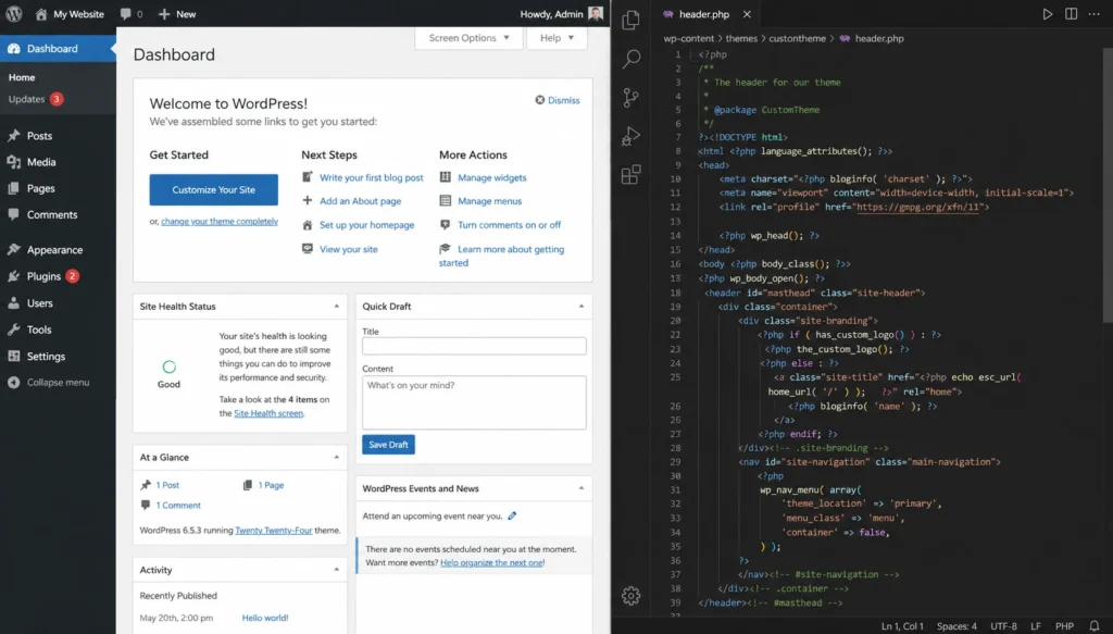 WordPress admin dashboard displayed beside a PHP code editor, illustrating the traditional web development workflow using custom theme development.