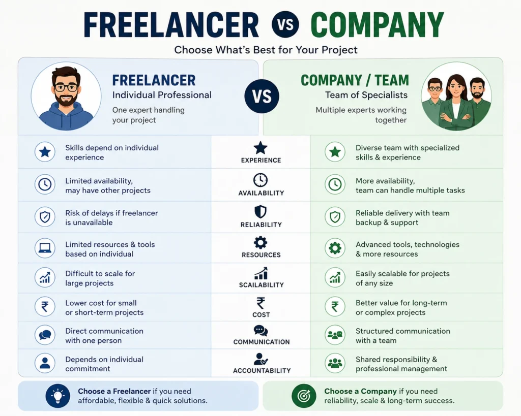 Comparison card showing freelancer profile versus company team with key differences.