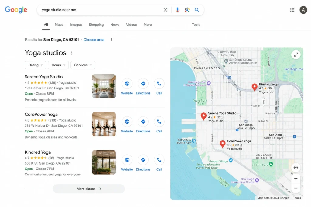 Google Maps local search results displaying a yoga studio in the local business pack.