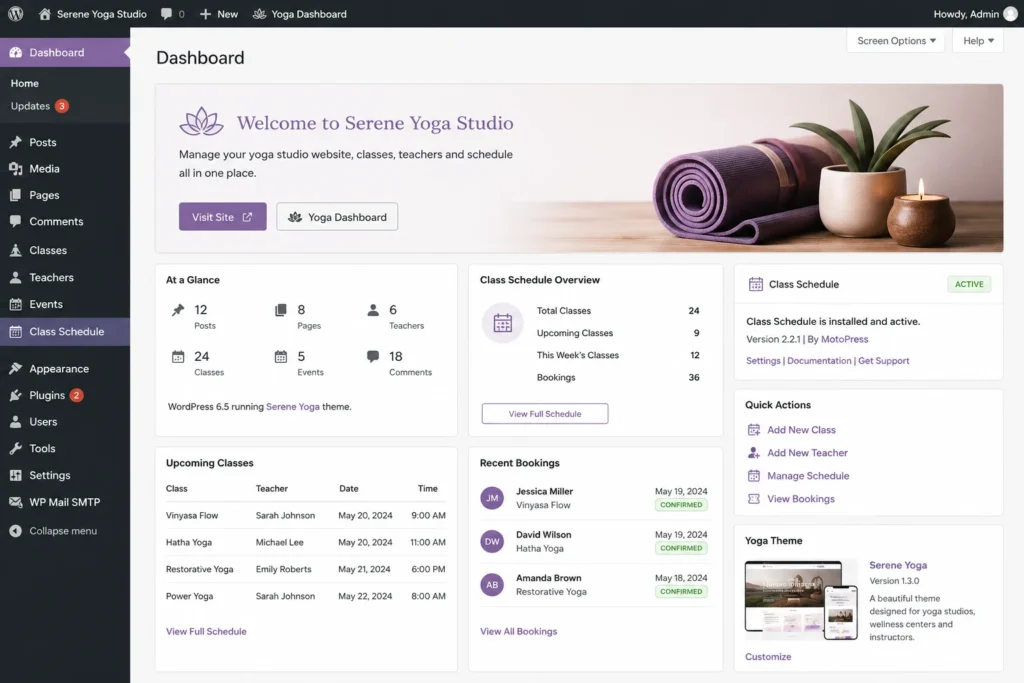 WordPress dashboard displaying a yoga website theme with an installed class schedule plugin.