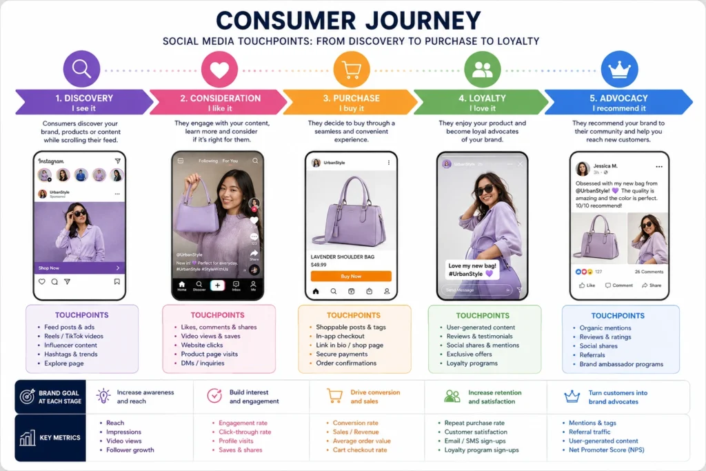 Consumer journey infographic illustrating social media touchpoints from product discovery and consideration to purchase, customer loyalty, and brand advocacy.
