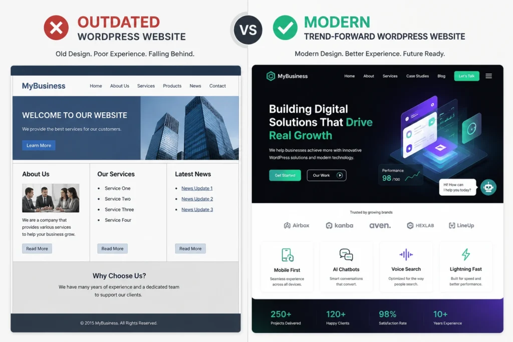 Side-by-side comparison of an outdated WordPress website and a modern trend-forward WordPress website highlighting responsive design, AI chatbots, voice search, and improved user experience.