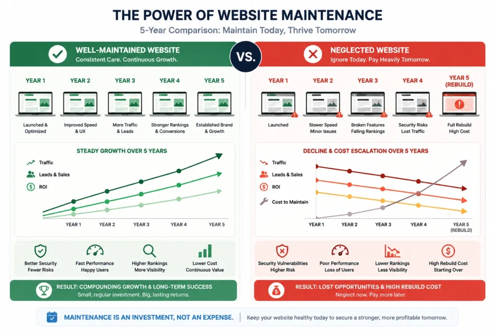 Comparison graphic showing a well-maintained website thriving over five years versus a neglected website requiring a complete rebuild.