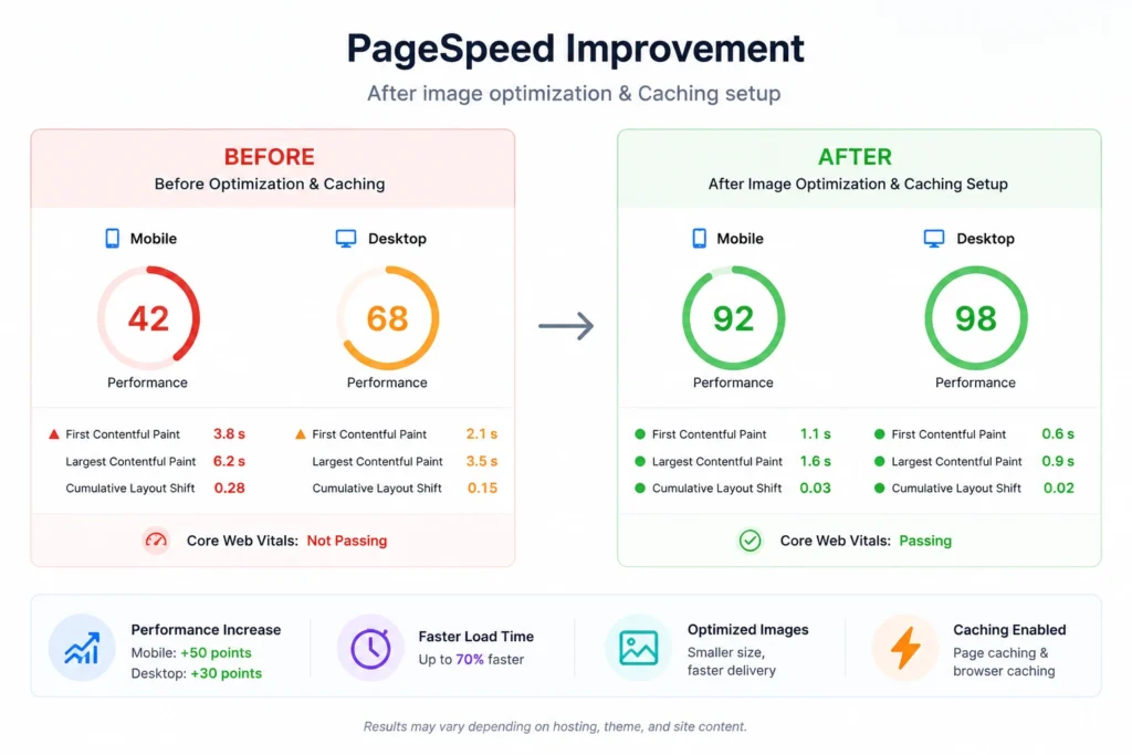 Before and after PageSpeed scores showing faster website performance after image optimization and caching.