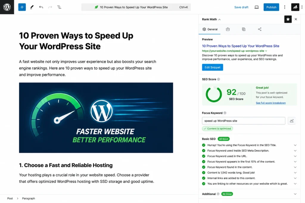 Rank Math SEO panel displaying a green optimization score for a well-optimized WordPress post.