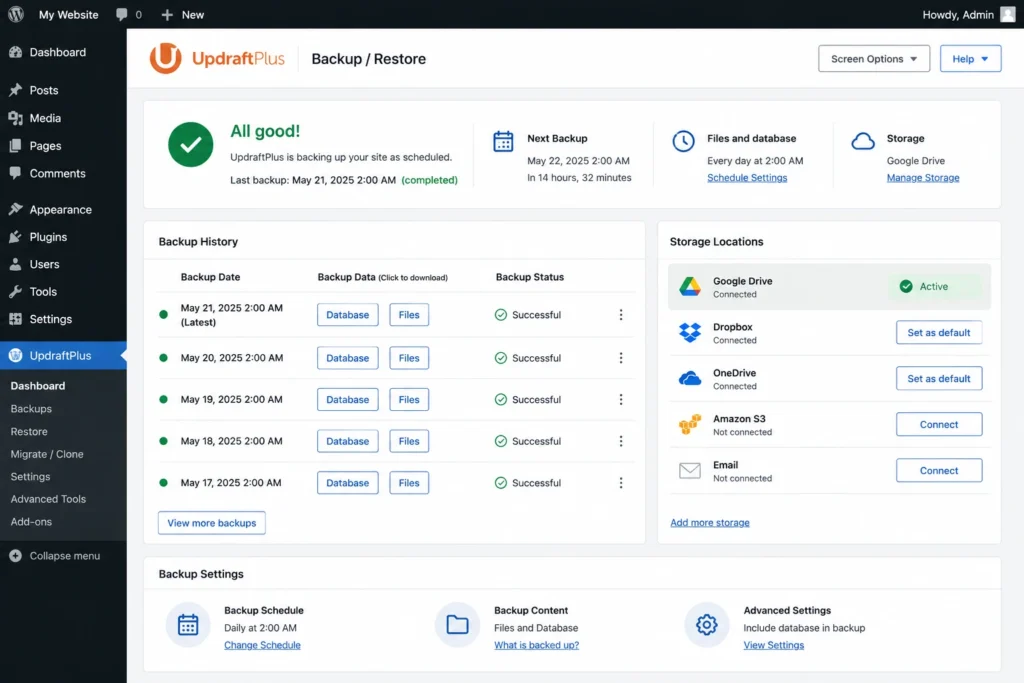 WordPress backup plugin dashboard showing daily automated backups stored in cloud storage.