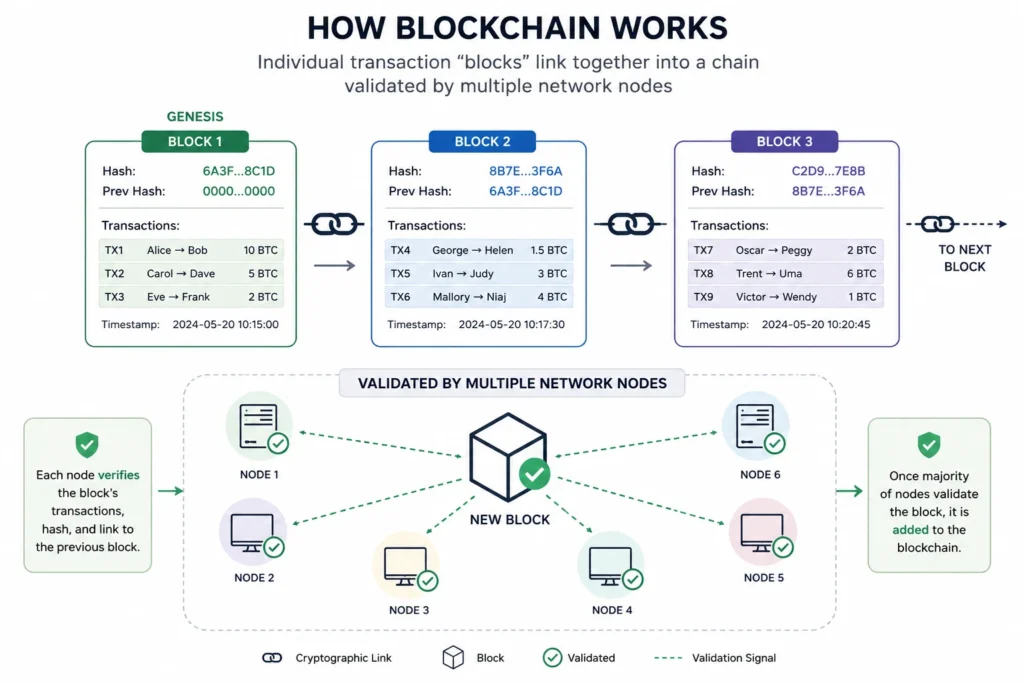 Infographic showing how blockchain works with transaction blocks linked together in a secure chain and validated by multiple decentralized network nodes.