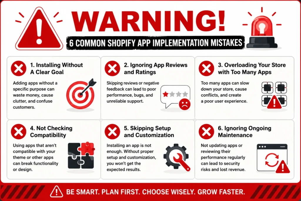 Warning infographic showing six common Shopify app implementation mistakes.