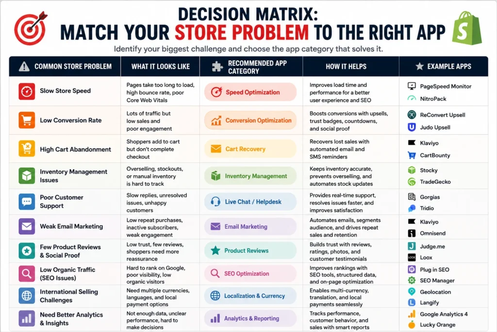 Decision matrix matching common Shopify store problems with recommended app categories.