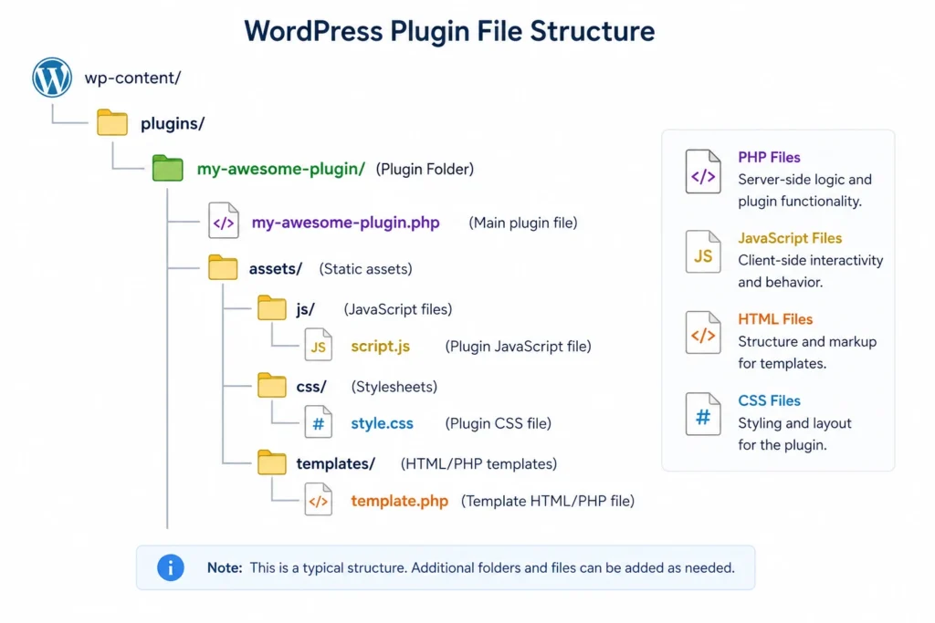 Folder structure of a WordPress plugin containing PHP, JavaScript, HTML, and CSS files.