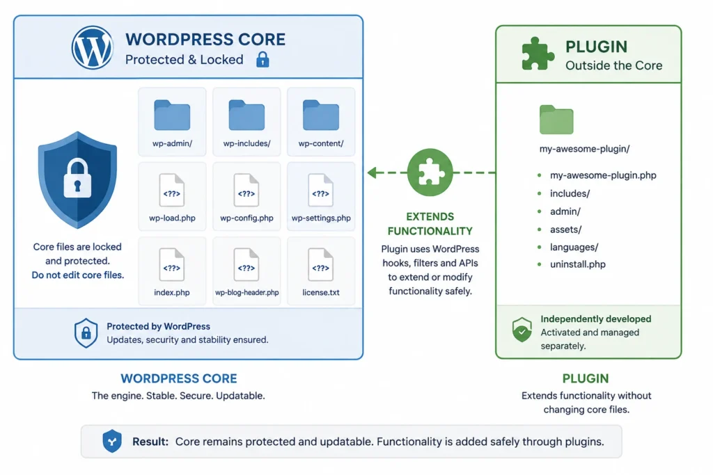 Diagram showing WordPress core files locked and protected while a plugin extends functionality outside the core.