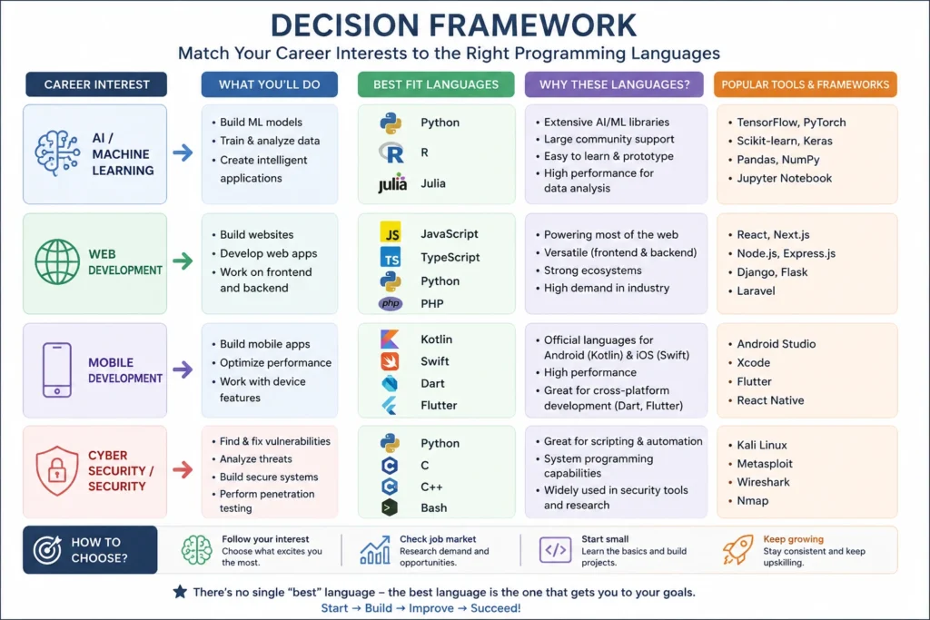 Career decision framework matching AI, web, mobile, and cybersecurity paths with programming languages.