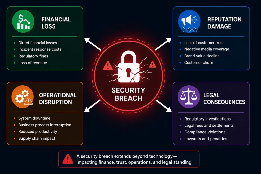 Cybersecurity breach impact diagram showing financial loss, reputation damage, operational disruption, and legal consequences